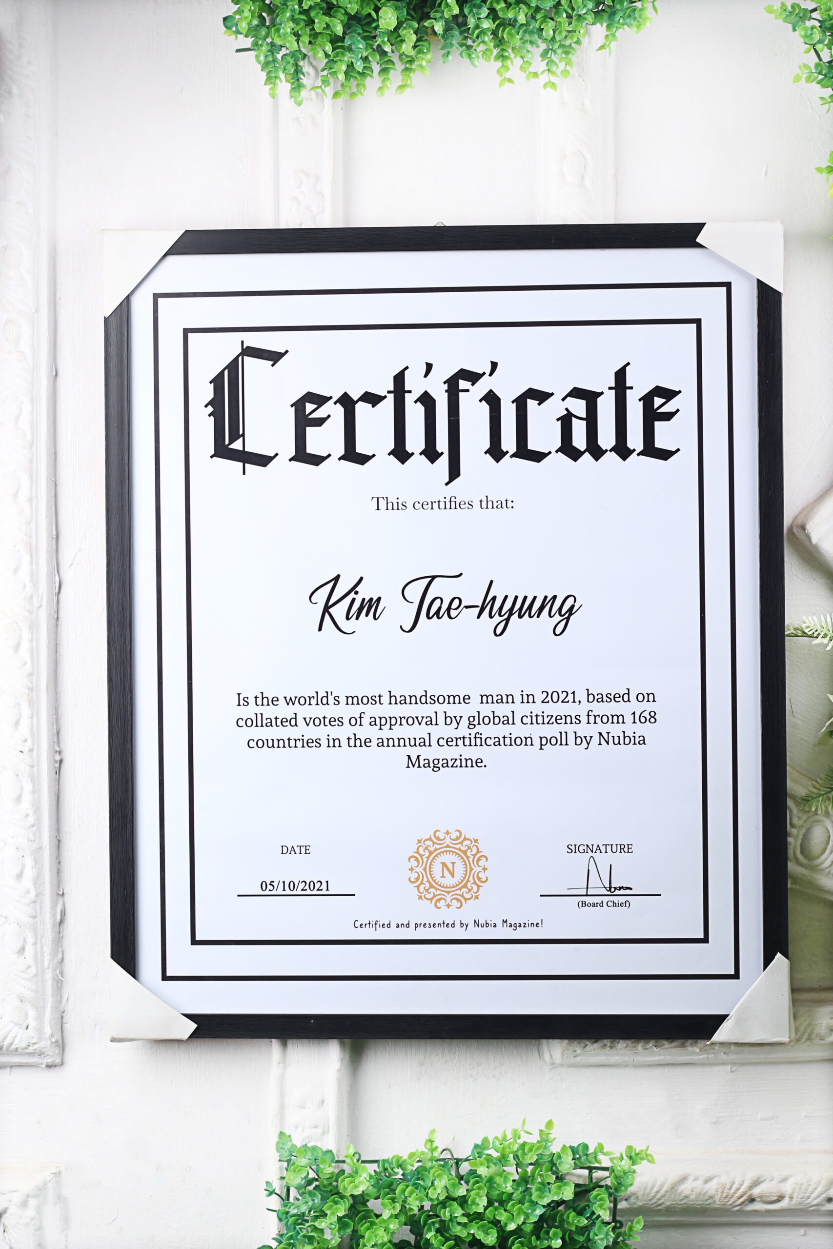 Most Handsome Man Taehyung certificate